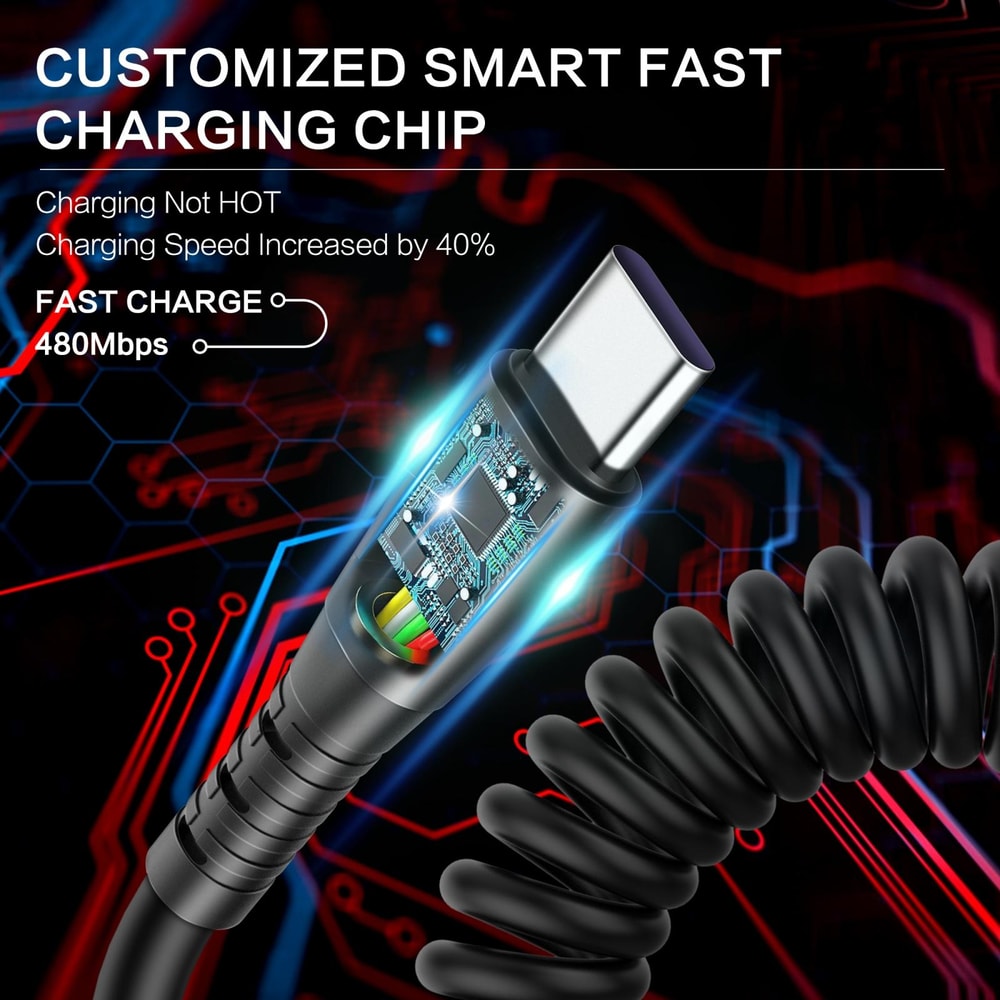 3A Fast Charging USB C Spring Cable Compact Retractable Type C Data Cable 5