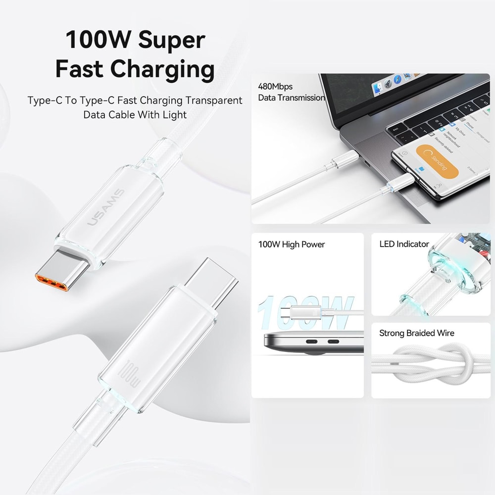 100W Type C Fast Charging Cable With LED Indicator Braided USB C Data Cable 1