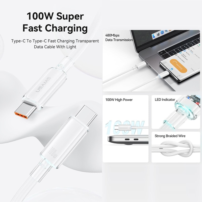 100W Type C Fast Charging Cable With LED Indicator Braided USB C Data Cable 1