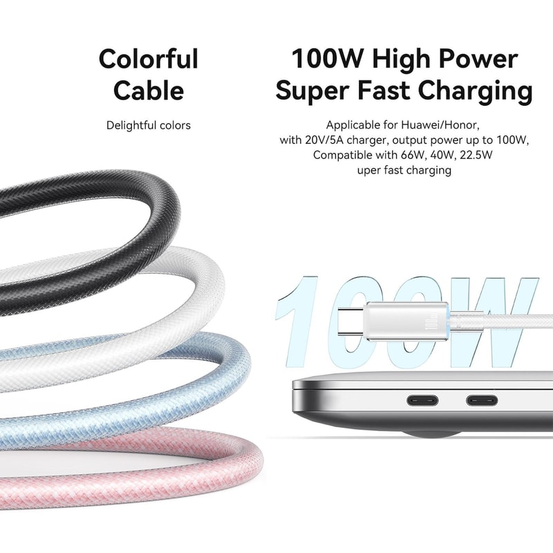 100W Type C Fast Charging Cable With LED Indicator Braided USB C Data Cable 2