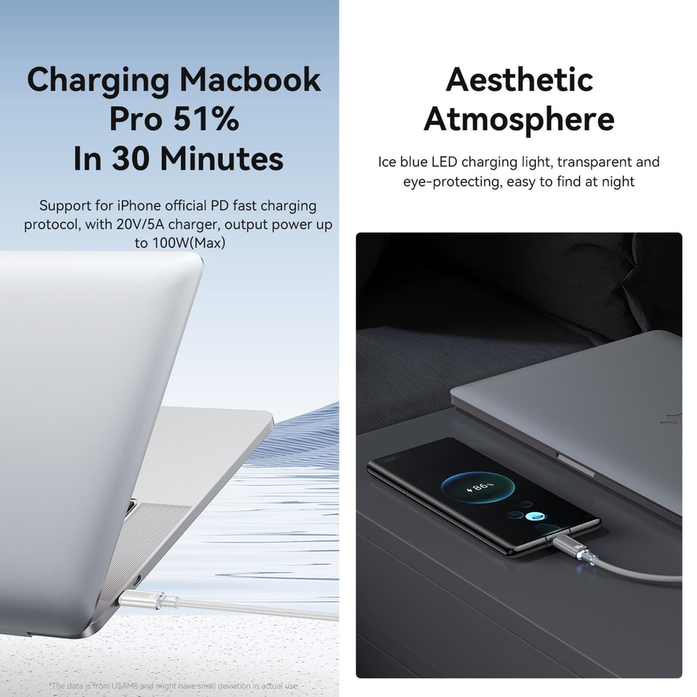 100W Type C Fast Charging Cable With LED Indicator Braided USB C Data Cable 3