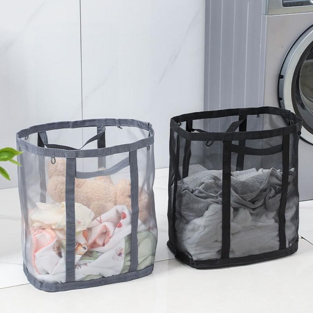 Wall Mounted Foldable Mesh Laundry Basket with Handles Hanging Clothes Hamper & Toy Storage Bag