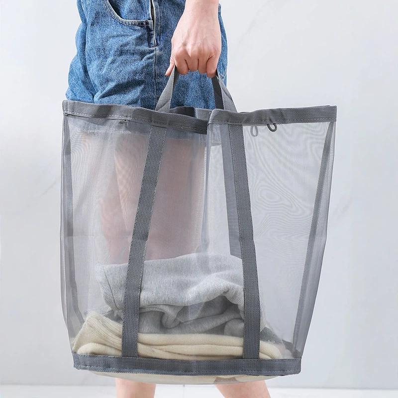 Wall Mounted Foldable Mesh Laundry Basket with Handles Hanging Clothes Hamper & Toy Storage Bag