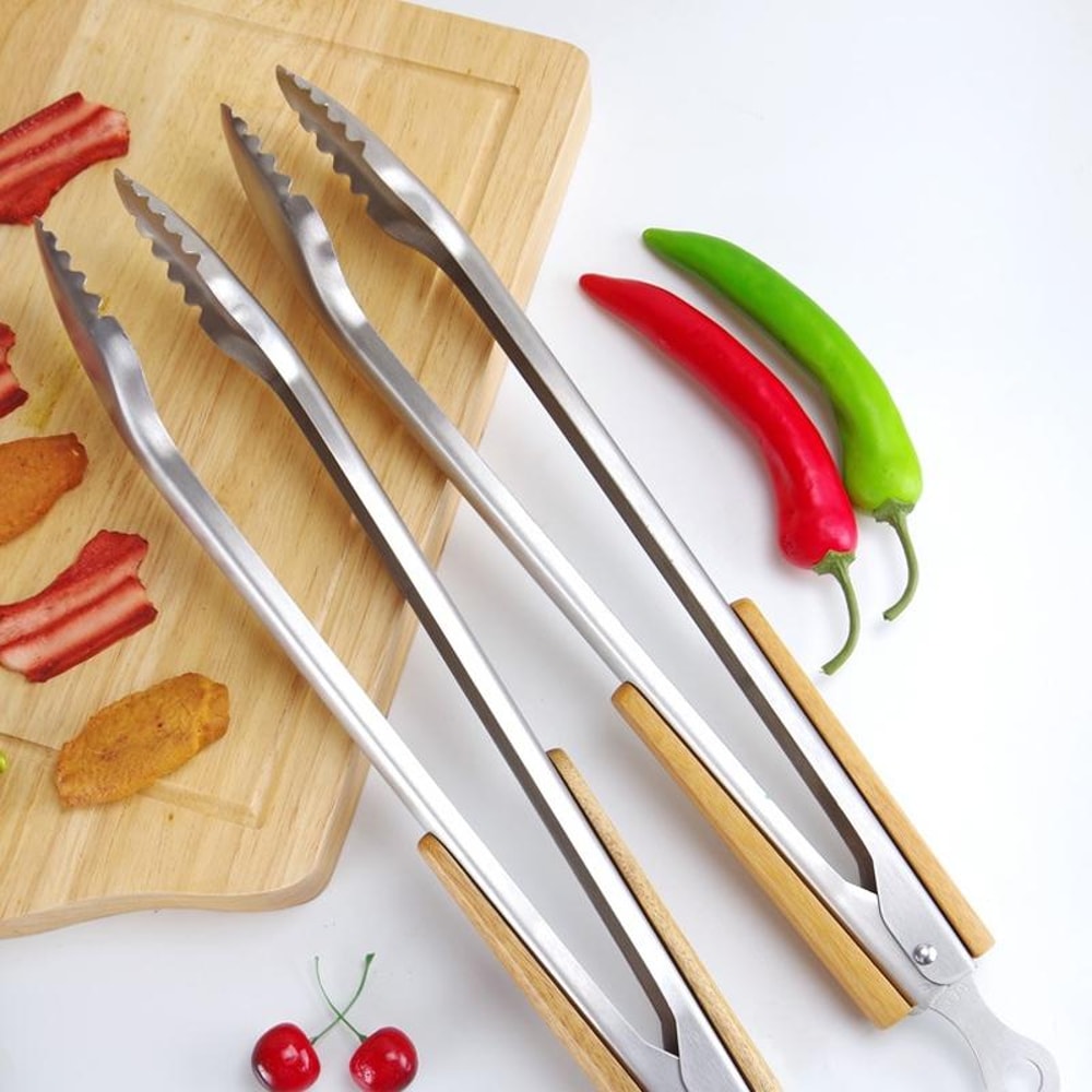 Premium Stainless Steel BBQ Tongs With HeatResistant Wooden Handle 0