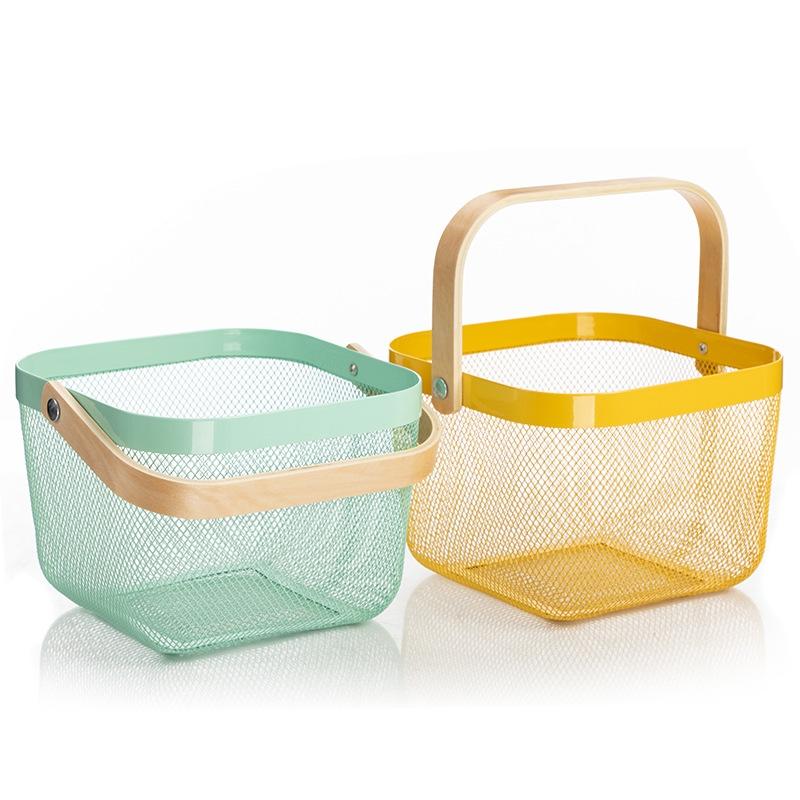 Square Mesh Basket with Wooden Handle Fruit Storage Basket Kitchen Organizer