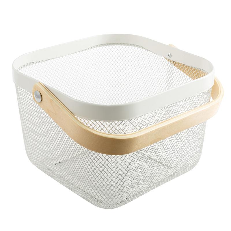 Square Mesh Basket with Wooden Handle Fruit Storage Basket Kitchen Organizer