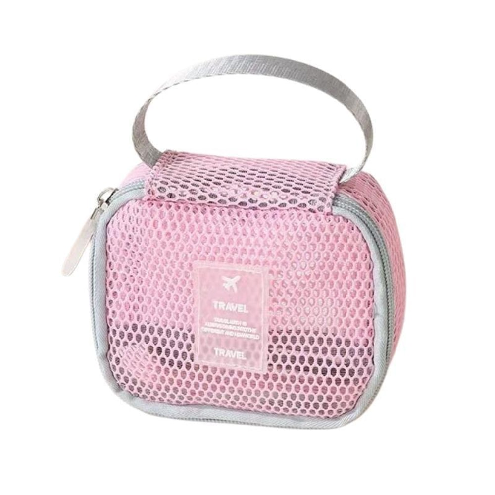 Large Capacity Travel Makeup Organizer Bag Mesh Cosmetic Pouch With Handle Square Pink 1