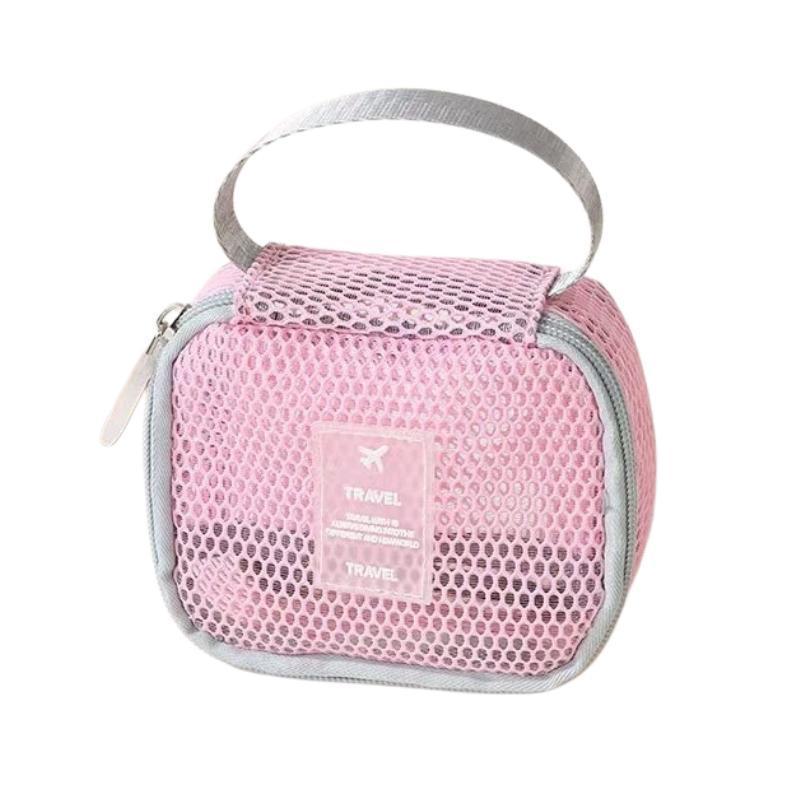 Large Capacity Travel Makeup Organizer Bag Mesh Cosmetic Pouch With Handle Square Pink 1