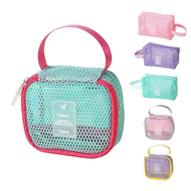 Large Capacity Travel Makeup Organizer Bag Mesh Cosmetic Pouch With Handle Square Pink 4