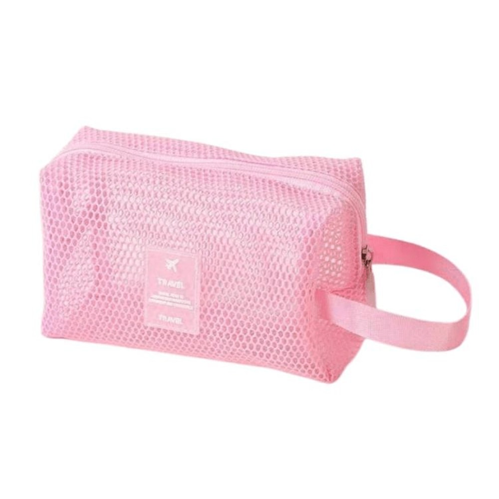 Large Capacity Travel Makeup Organizer Bag Mesh Cosmetic Pouch With Handle Square Pink 3