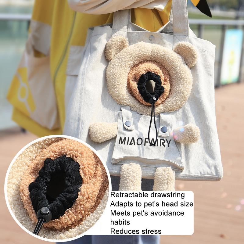 Portable Canvas Cat Carrier Shoulder Bag, Pet Travel Bag for Small Dogs, Bear Khaki Sling Carrier