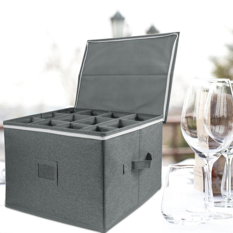Foldable Wine Glass Storage Box, Stemmed Glass Storage Organizer Grey Protective Case