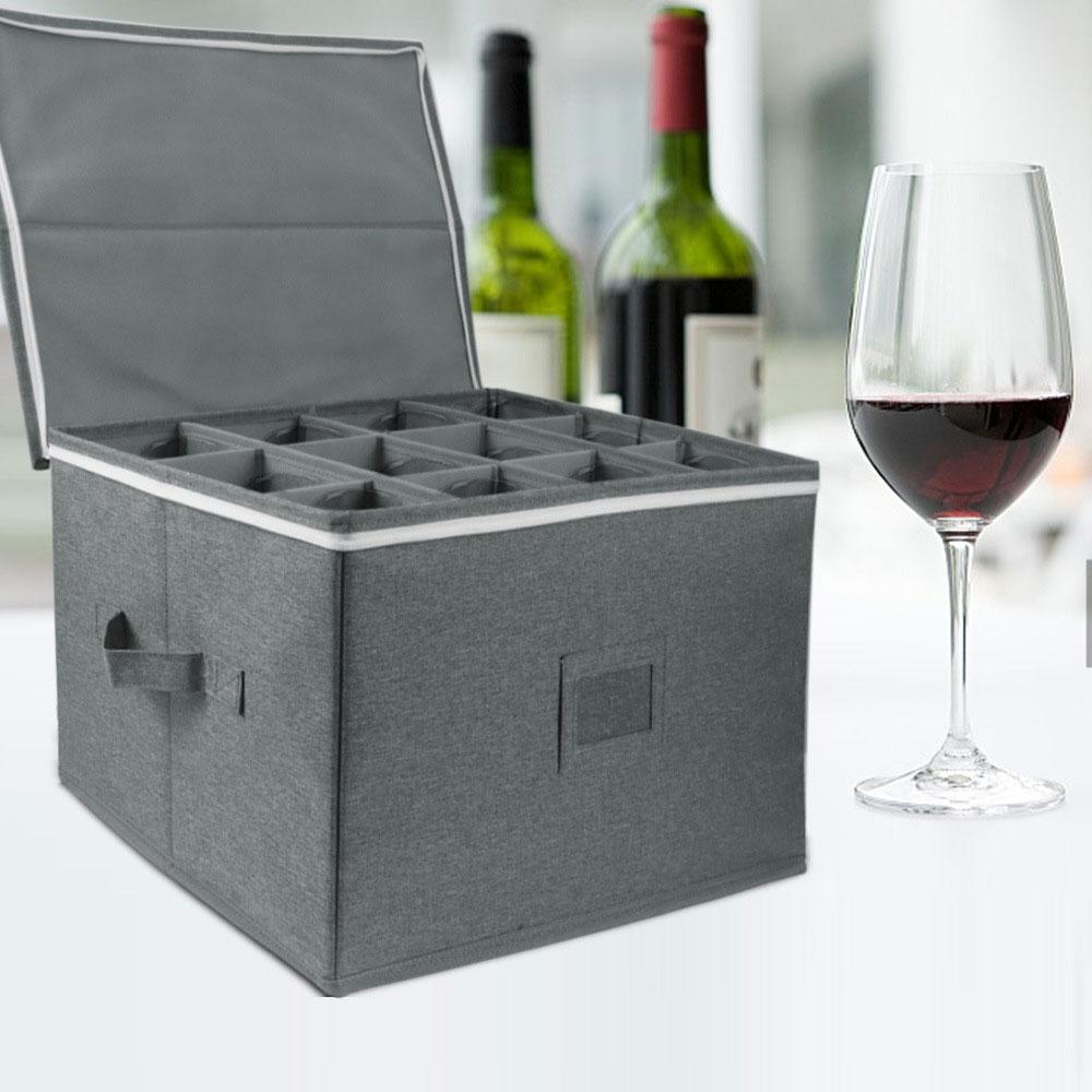 Foldable Wine Glass Storage Box, Stemmed Glass Storage Organizer Grey Protective Case