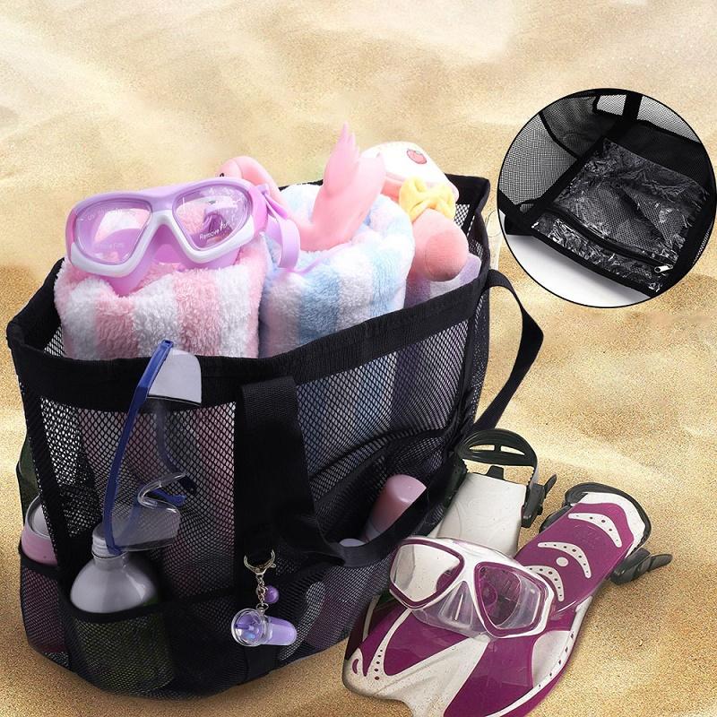 Large Capacity Mesh Swimming Tote Beach Bag with 8 Pockets Lightweight Travel Storage Organizer