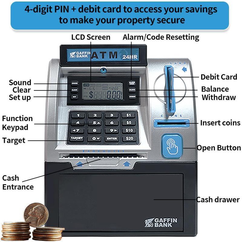 Electronic ATM Piggy Bank for Kids with Card Swipe, Password Lock, Coin & Cash Savings Safe