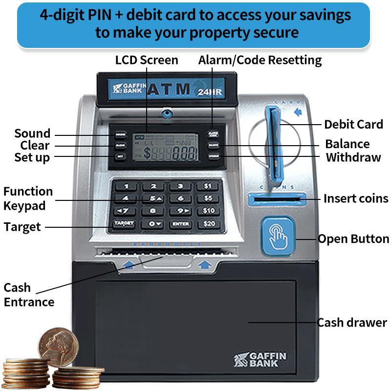 Electronic ATM Piggy Bank for Kids with Card Swipe, Password Lock, Coin & Cash Savings Safe