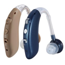 rechargeable hearing aid amplifier with earhook comfort and noise reduction