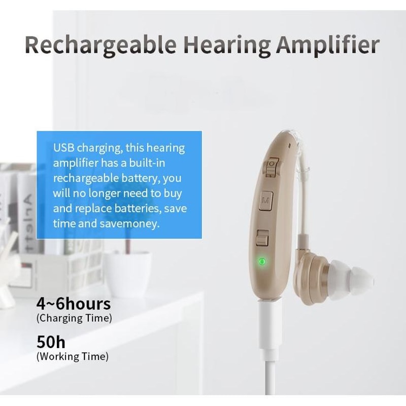 Rechargeable Hearing Aid Amplifier With Earhook Comfort And Noise Reductiontech 5