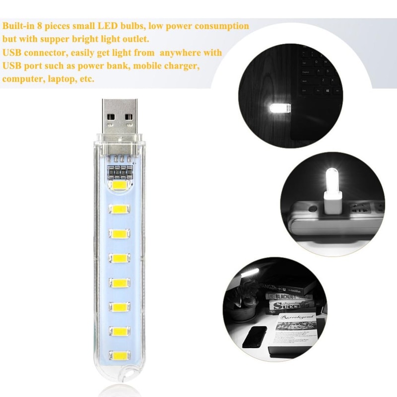 Portable USB LED Book Light 8 LED ClipFree Reading Lamp For Laptop And Power Bank 4