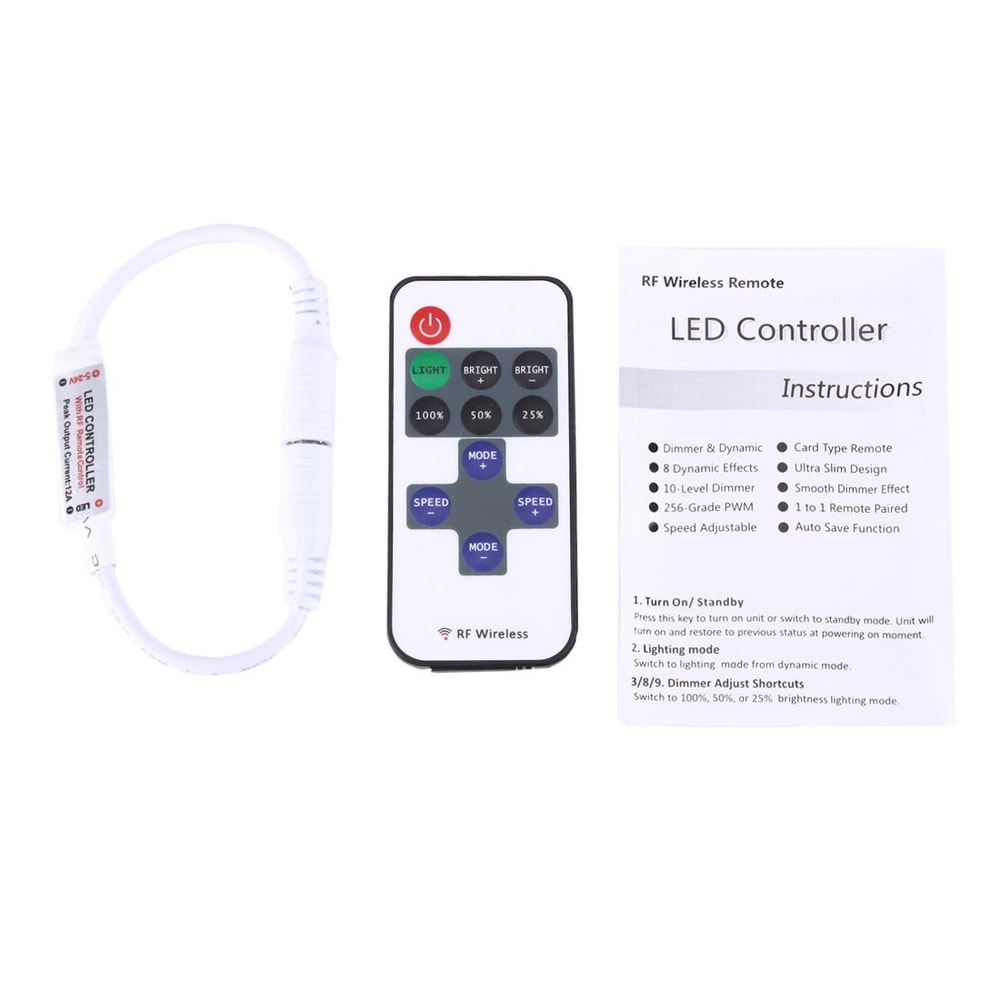 Mini RF Remote LED Controller for Single Color LED Strips with 11-Key Dimmer Control