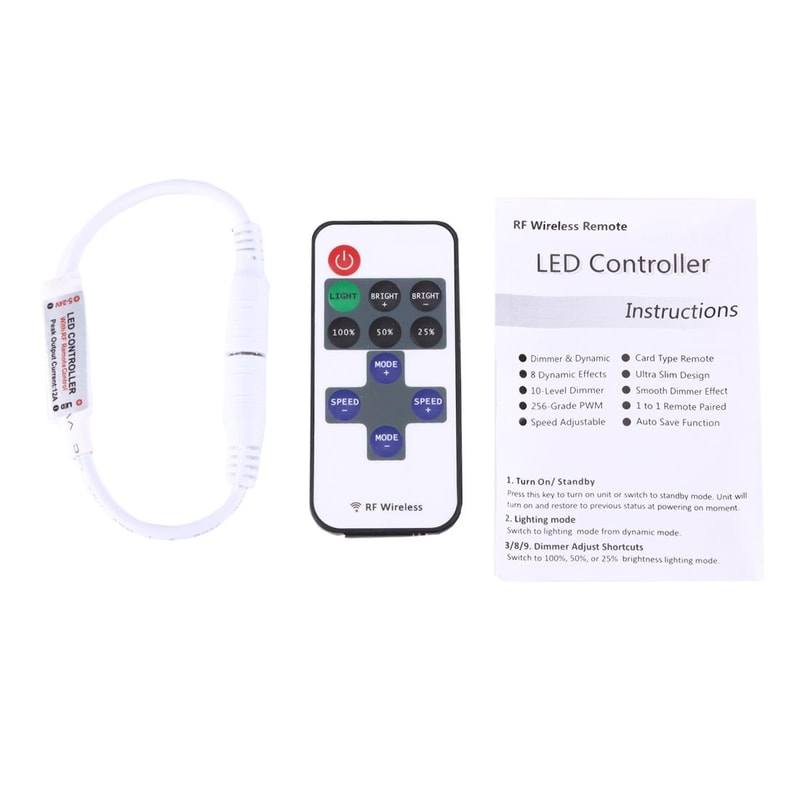 Mini RF Remote LED Controller for Single Color LED Strips with 11-Key Dimmer Control