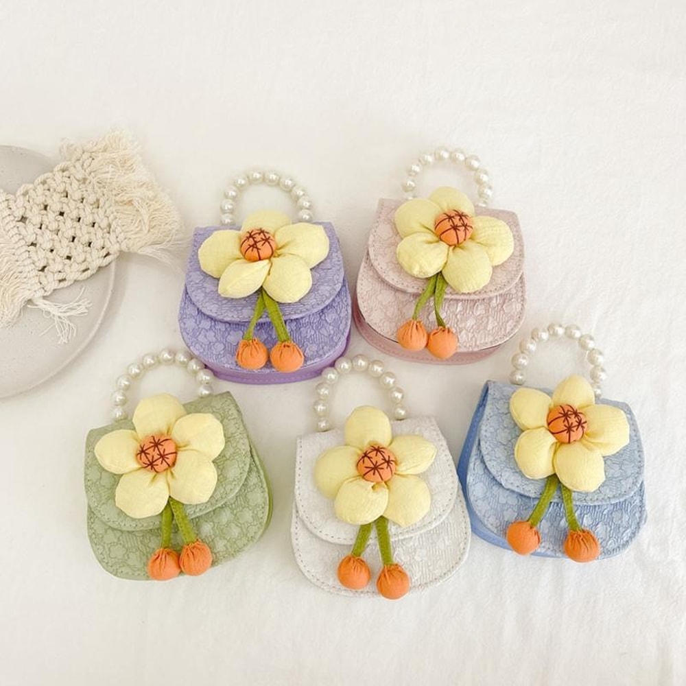 Kids Princess Crossbody Bag Cartoon Flower Pearl Coin Purse Cute PU Leather Gift Bag for Girls