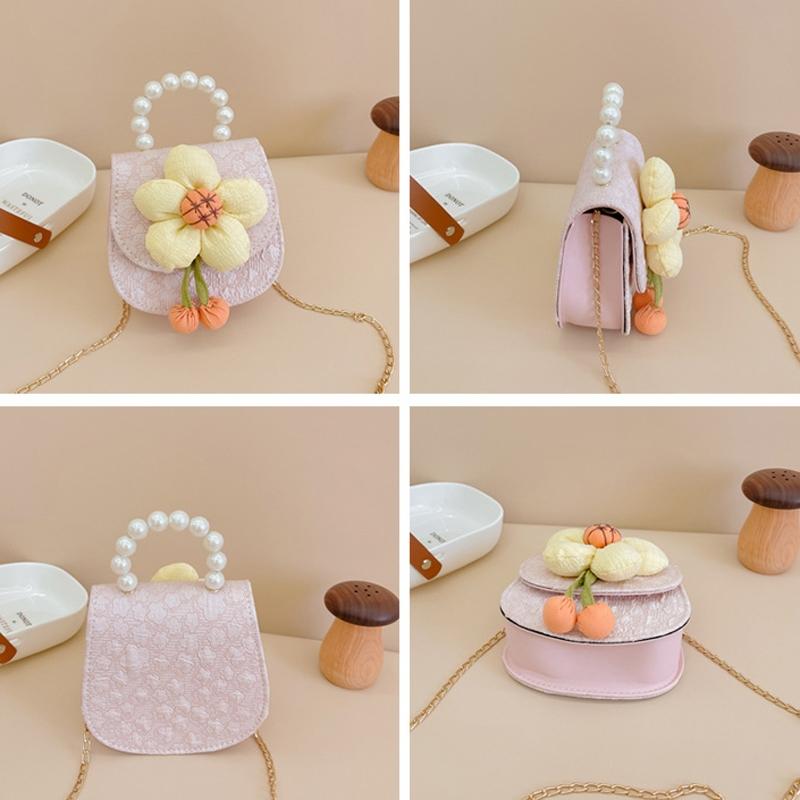 Kids Princess Crossbody Bag Cartoon Flower Pearl Coin Purse Cute PU Leather Gift Bag for Girls