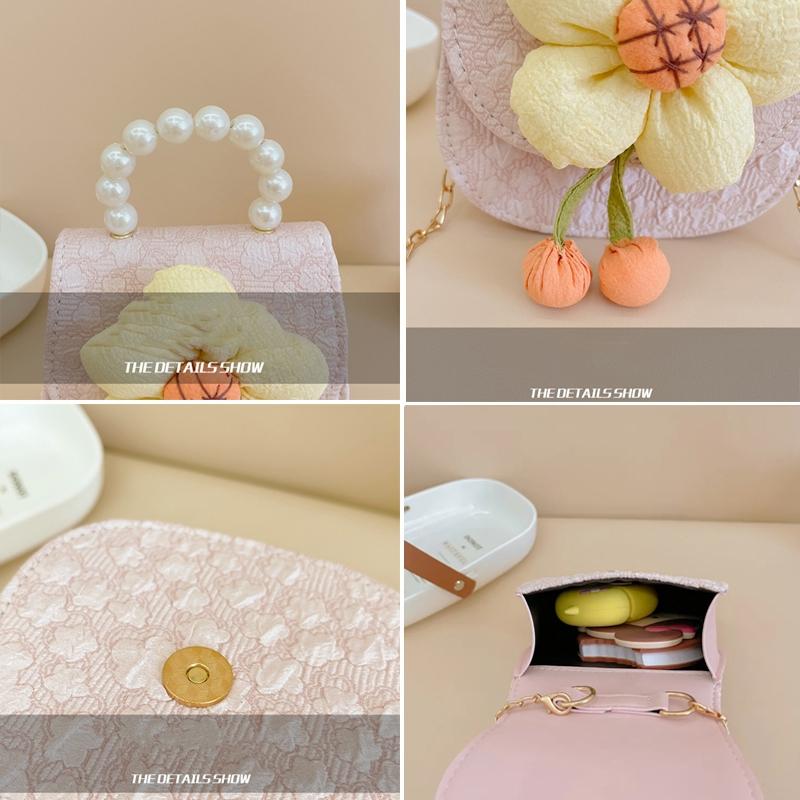 Kids Princess Crossbody Bag Cartoon Flower Pearl Coin Purse Cute PU Leather Gift Bag for Girls