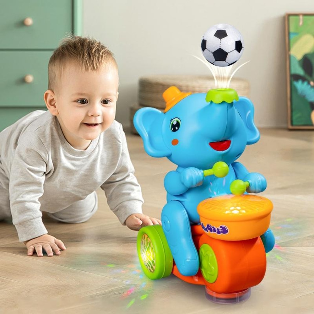 Electric Elephant Ball Blowing Drumming Toy Car with Lights and Sound for Kids