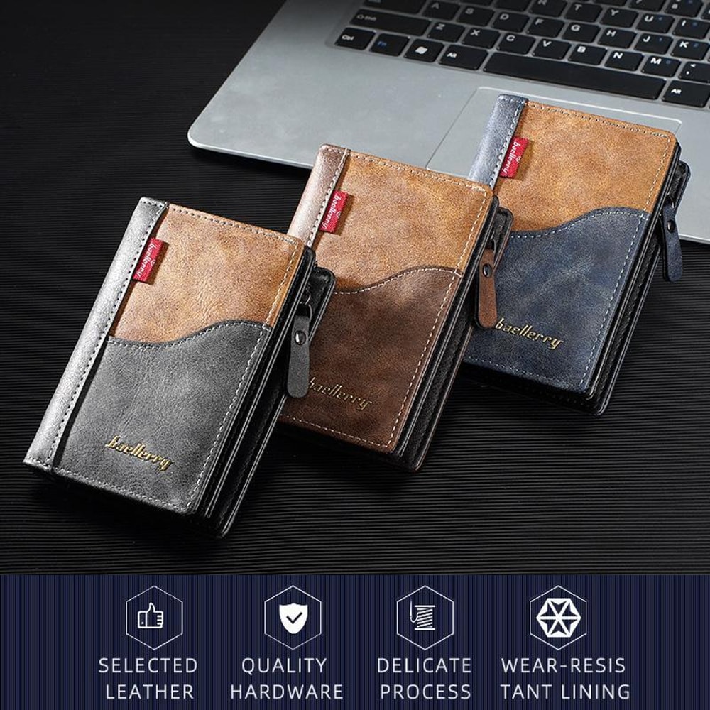 Vintage Contrast Zip Men Compact Wallet With Coin Pocket Multi Card Holder 1