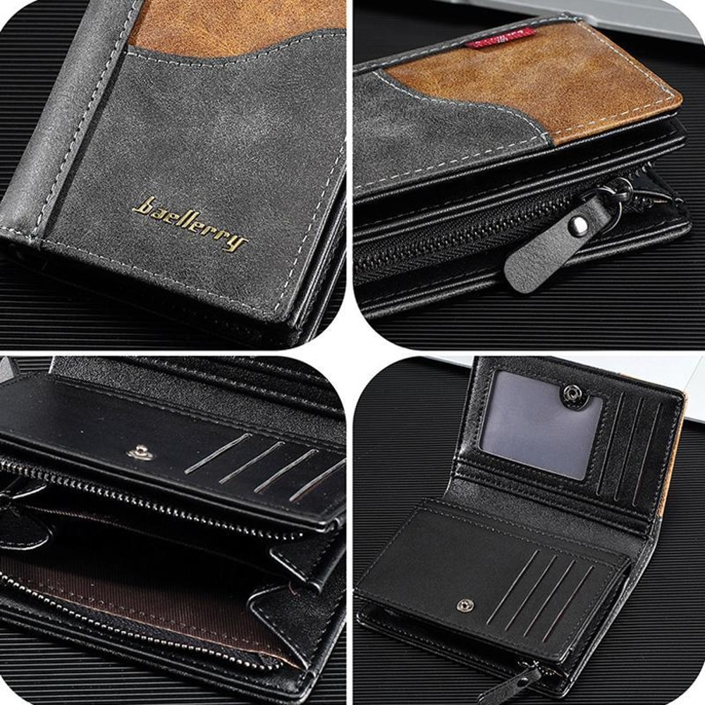 Vintage Contrast Zip Men Compact Wallet With Coin Pocket Multi Card Holder 3