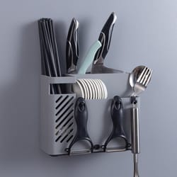 wall mounted chopstick holder with drain tray and utensil organizer hooks