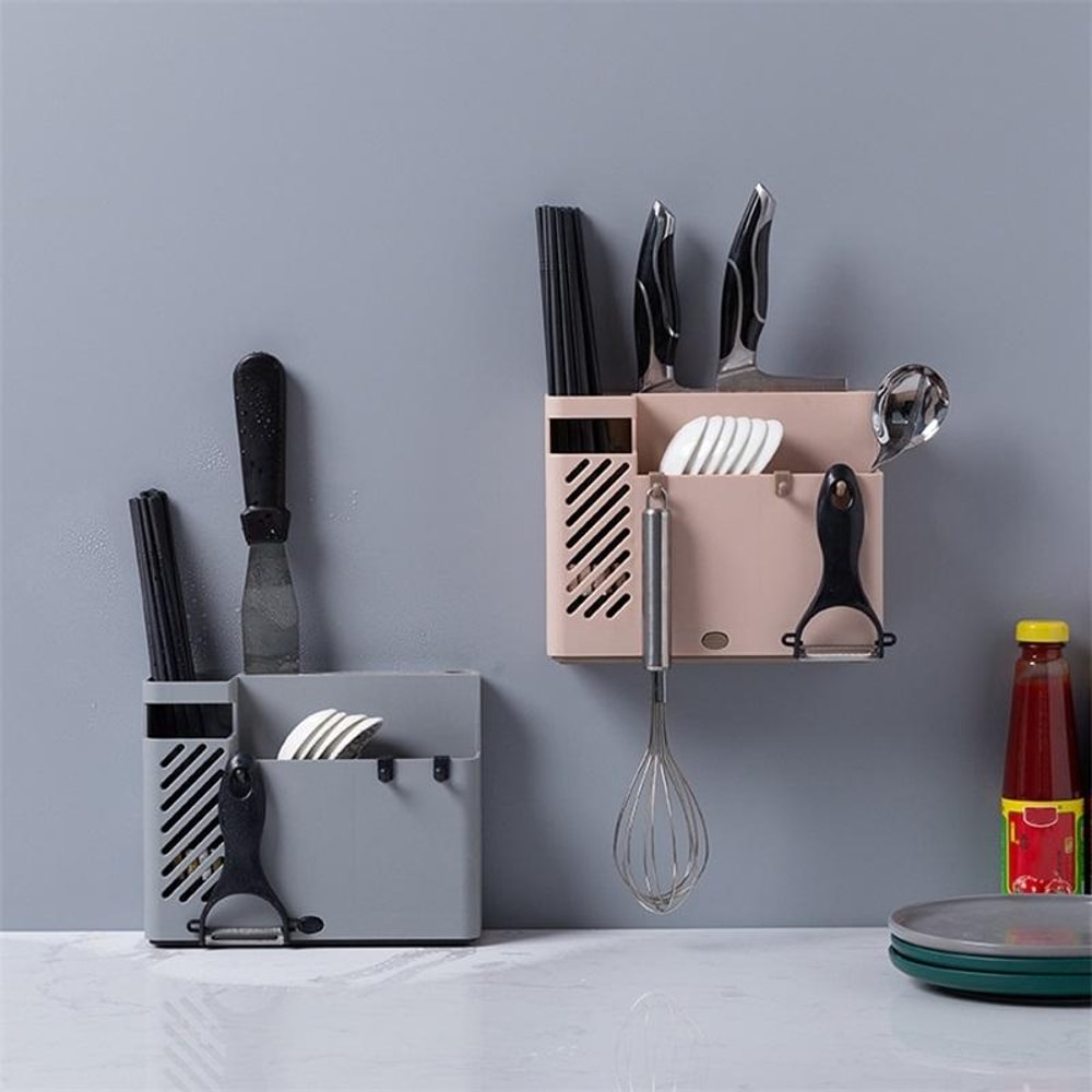 Wall Mounted Chopstick Holder With Drain Tray And Utensil Organizer Hooks 1