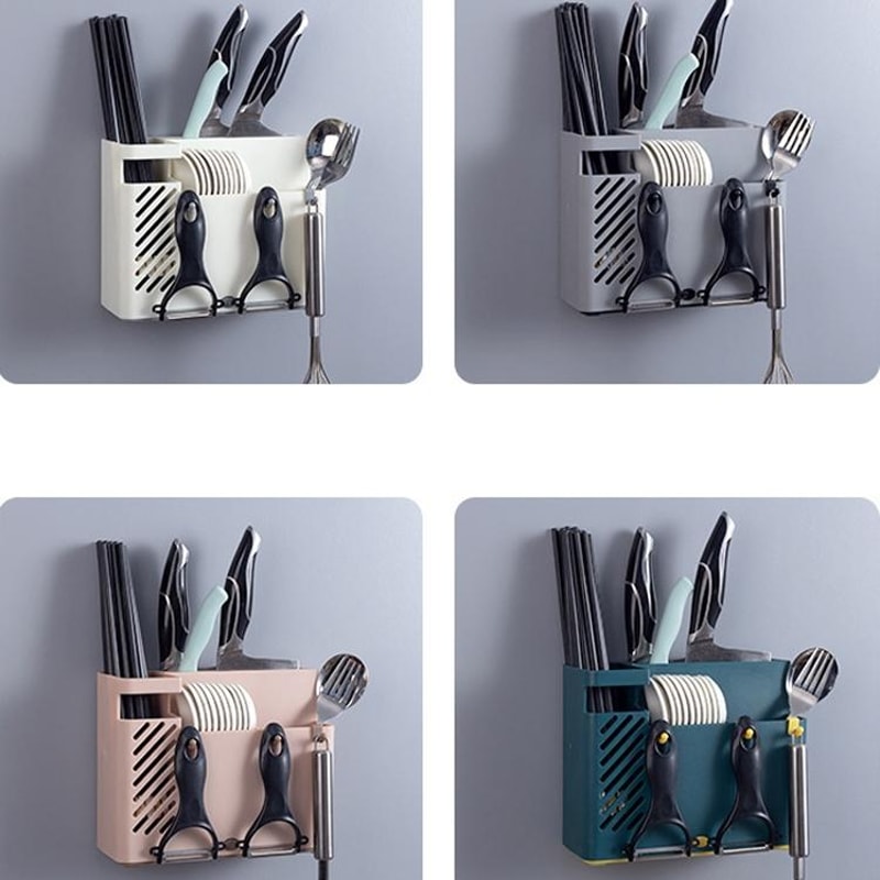 Wall Mounted Chopstick Holder With Drain Tray And Utensil Organizer Hooks 2