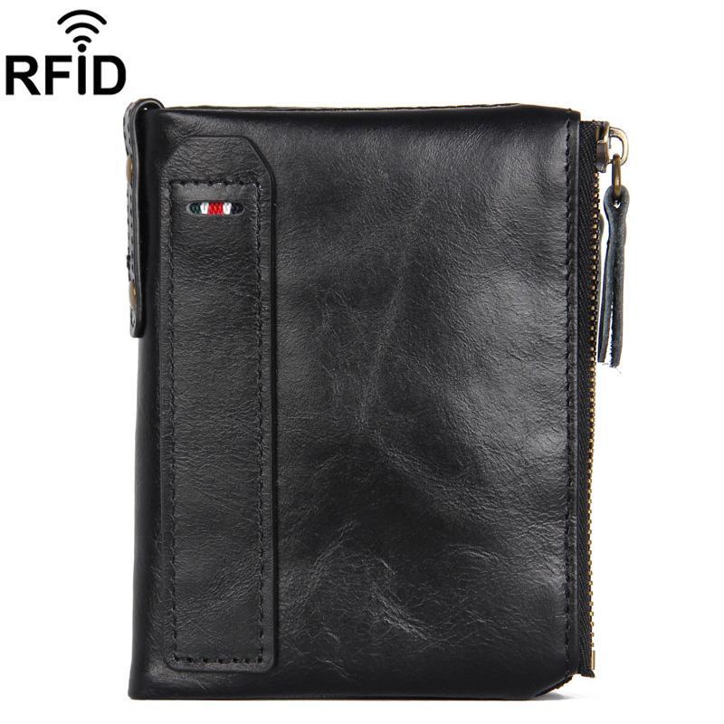 RFID Blocking Leather Wallet for Men with Double Zipper Slim Bifold Card Holder