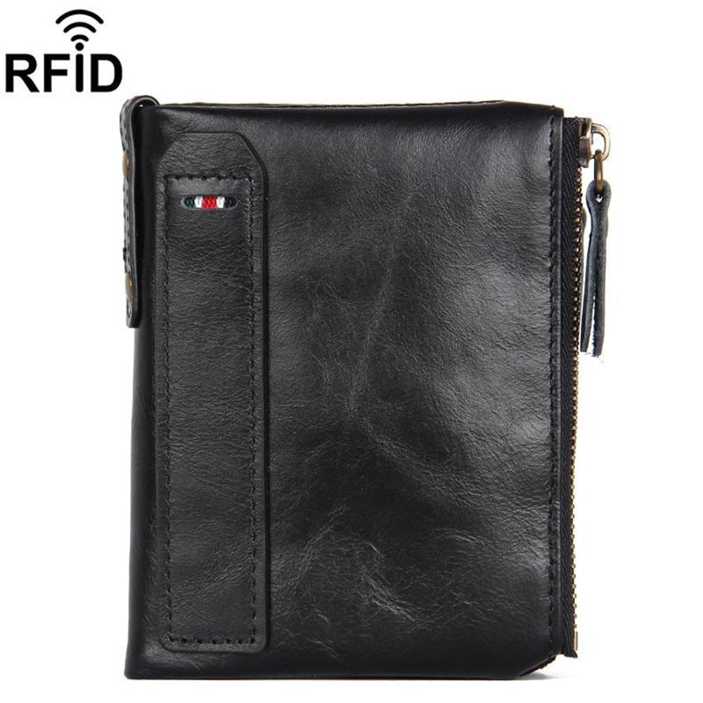 RFID Blocking Leather Wallet for Men with Double Zipper Slim Bifold Card Holder