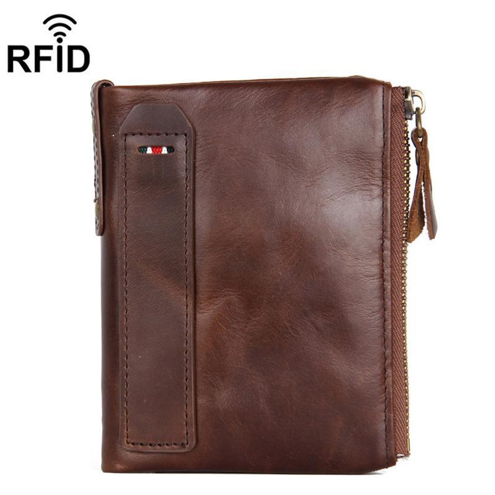 RFID Blocking Leather Wallet for Men with Double Zipper Slim Bifold Card Holder