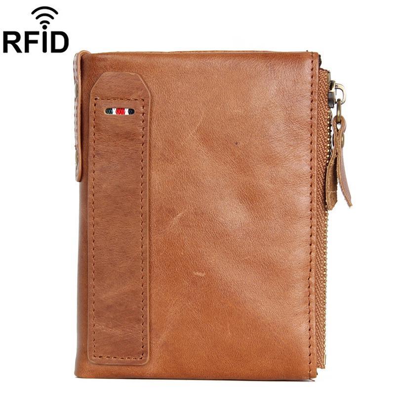 RFID Blocking Leather Wallet for Men with Double Zipper Slim Bifold Card Holder