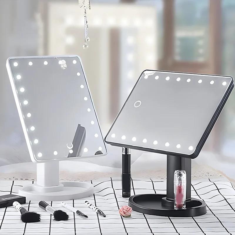 LED Lighted Makeup Mirror With Storage Base Touch Control Rotatable Vanity Mirror 0