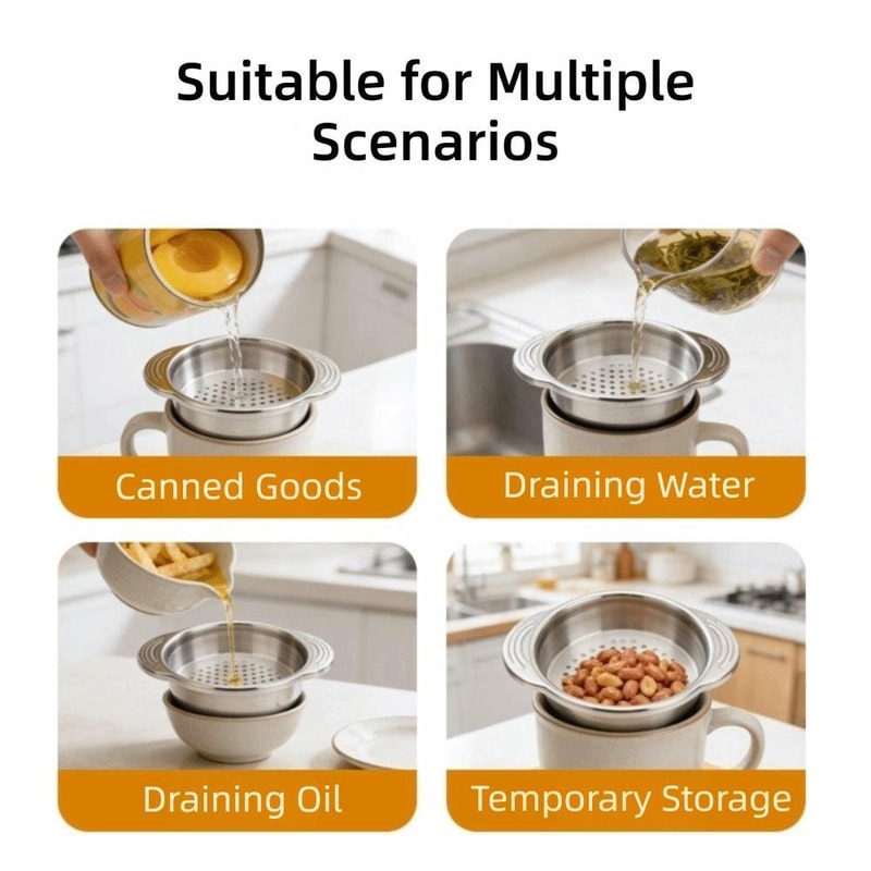 Stainless Steel Can Strainer Dual Handle Non-Slip Draining Tool for Kitchen Cans and Food Prep