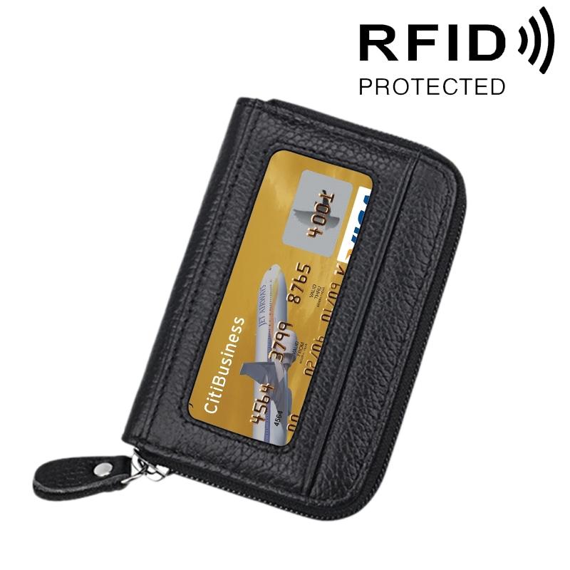 RFID Blocking Leather Card Holder Wallet Slim Zipper Cowhide Organizer With 12 Slots 0