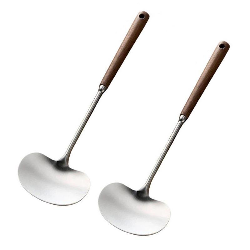 Solid Wood Long Handle Wok Spoon & Stainless Steel Ladle Kitchen Utensil Set