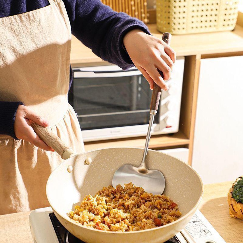 Solid Wood Long Handle Wok Spoon & Stainless Steel Ladle Kitchen Utensil Set
