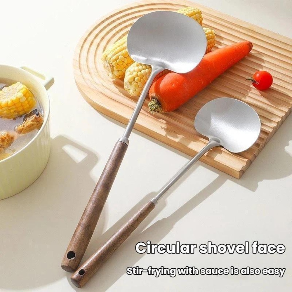 Solid Wood Long Handle Wok Spoon & Stainless Steel Ladle Kitchen Utensil Set