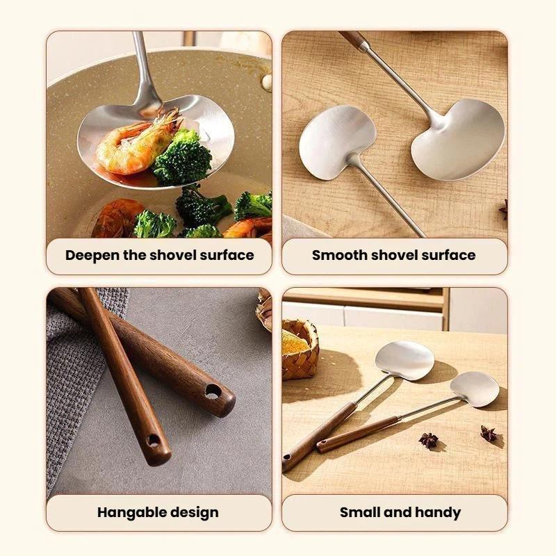 Solid Wood Long Handle Wok Spoon & Stainless Steel Ladle Kitchen Utensil Set