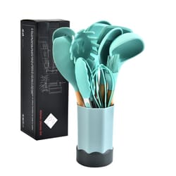 beech wood silicone kitchen utensil set with storage bucket, heat resistant cooking tools set