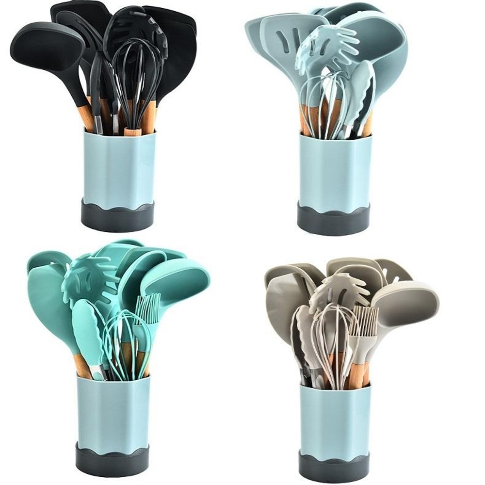 Beech Wood Silicone Kitchen Utensil Set with Storage Bucket, Heat Resistant Cooking Tools Set