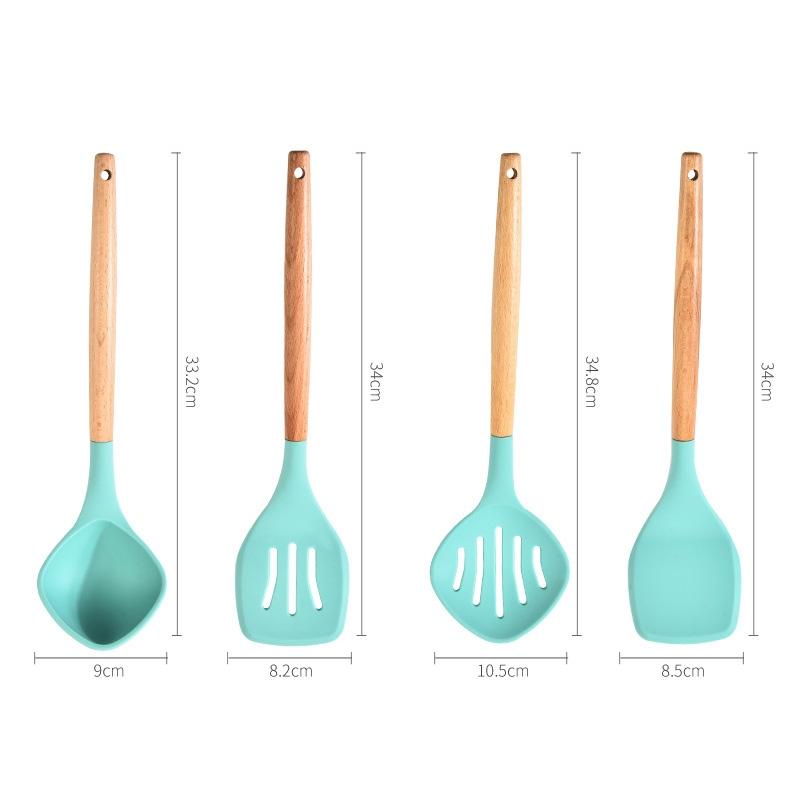 Beech Wood Silicone Kitchen Utensil Set with Storage Bucket, Heat Resistant Cooking Tools Set