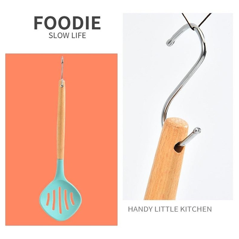 Beech Wood Silicone Kitchen Utensil Set with Storage Bucket, Heat Resistant Cooking Tools Set