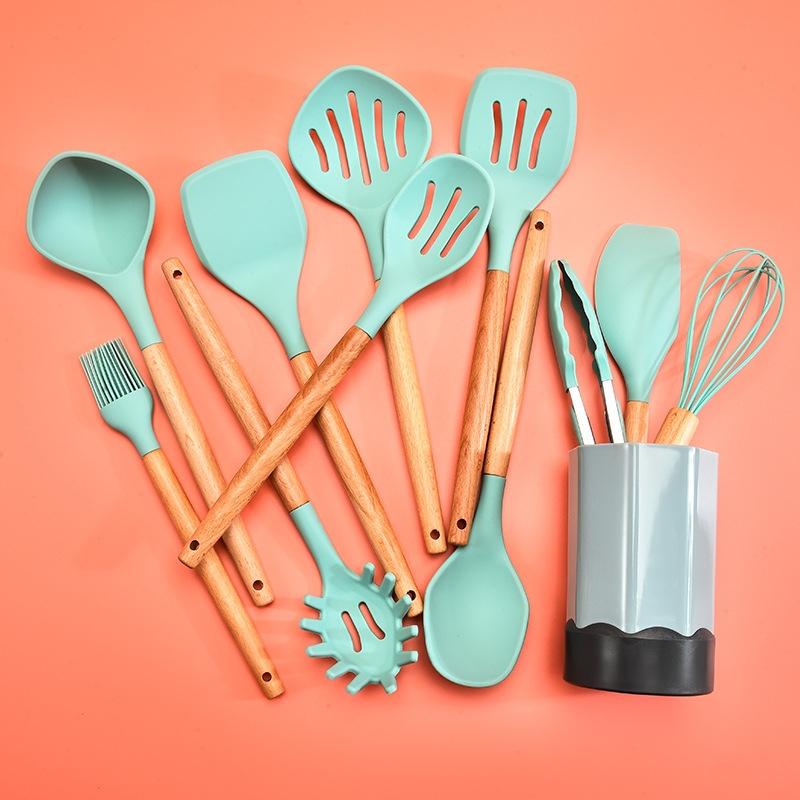 Beech Wood Silicone Kitchen Utensil Set with Storage Bucket, Heat Resistant Cooking Tools Set
